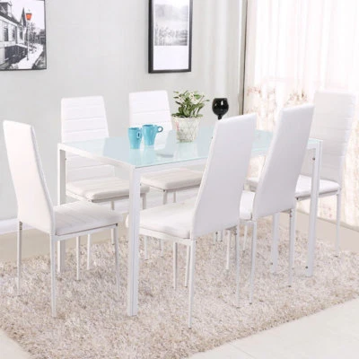 White Dining Table and with 4/6 Ribbed Padded Seat Chairs High Gloss Kitchen Set - Image 1 of 4