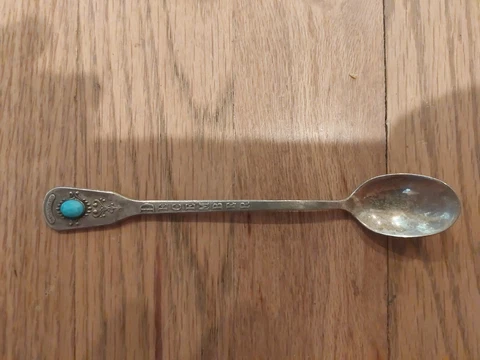 Sterling Silver Souvenir Baby Spoon December Turquoise Birthday Gemstone VINTAGE Cover