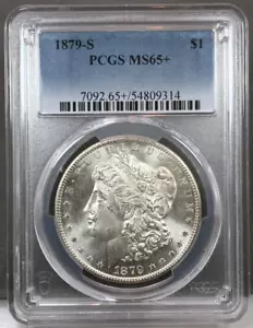 1879-US $ 1 dollaro d'argento Morgan PCGS MS65+ più - Foto 1 di 2