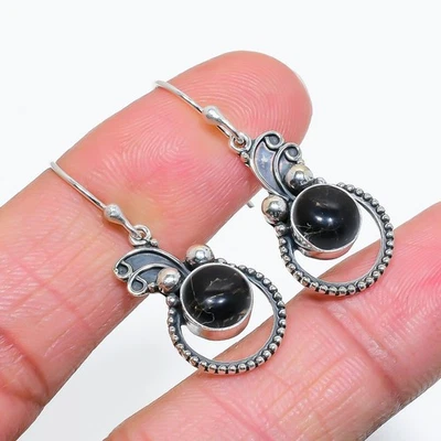 Pendientes colgantes de piedra de medio disco turquesa negra plata de ley 925 joyería de moda Foto 1 de 4