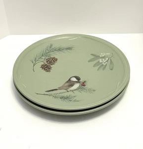 "Juego de 2 platos de cena Pfaltzgraff Winterwood Chickadee 11"" verde hecho en Estados Unidos" - Imagen 1 de 13