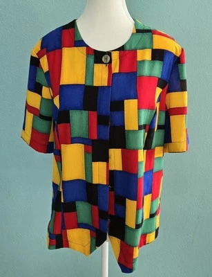 Blusa retro geométrica bloque vintage años 90 Kathy Che para mujer colorida núcleo de abuela Foto 1 de 4