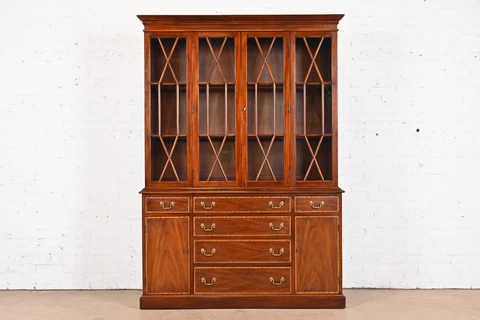 Henkel Harris Georgian Carved Mahogany Lighted Breakfront Bookcase Cabinet Cover