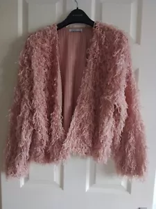 Ladies BERSHKA size L (UK 14/16) Pink Glitter Fluff Edge to Edge Cardigan - Picture 1 of 8