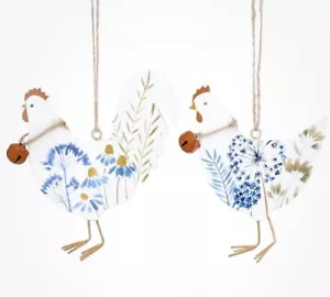 Gisela Graham Set of Two Blue Meadow Hen & Rooster Rustic Easter Decorations - Picture 1 of 1
