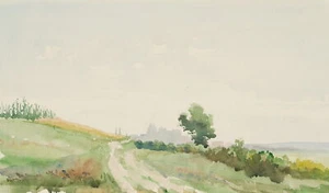 J. THAETER (1870-1898), Feldweg mit Stadt in der Ferne, Aquarell Realismus - Picture 1 of 4