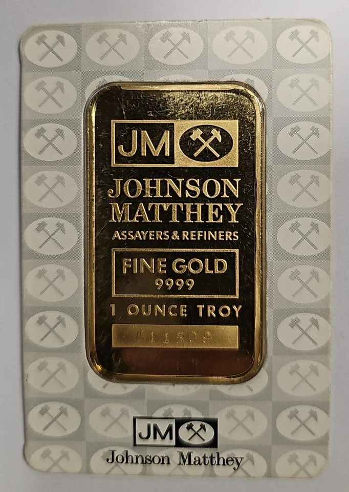 Barra de oro fino Johnson Matthey de colección de 1 oz - tarjeta de ensayo blanca escasa Foto 1 de 2