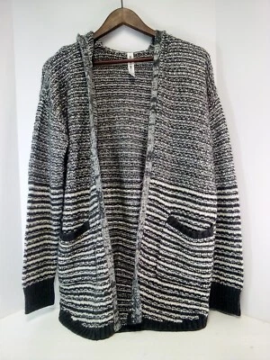 Cárdigan suéter Bethany Mota gris tejido a rayas con capucha frente abierto de gran tamaño pequeño Foto 1 de 4