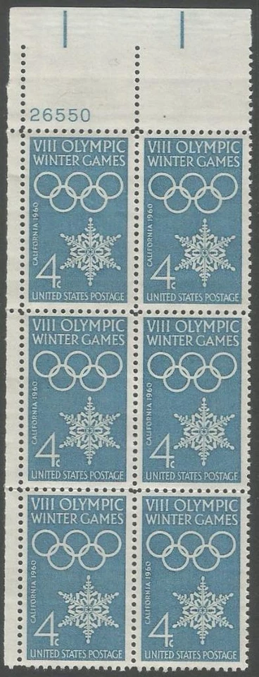 Plate Block of 6 stamps - Scott 1146 - 4 cent - Winter Olympics - 1960 - MNH - Image 1 of 1