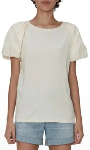 7 For All Mankind Women's Two Toned Ivory Puff Sleeve, Eyelet Top Blouse Size XS - Picture 1 of 11