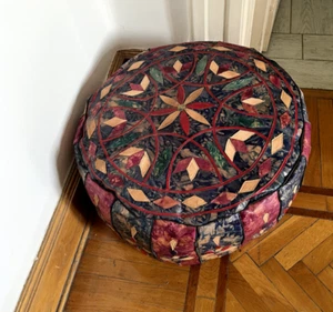 Egyptian camel leather footstool Pouf pouffe hand quilted mauve blue ottoman - Picture 1 of 7