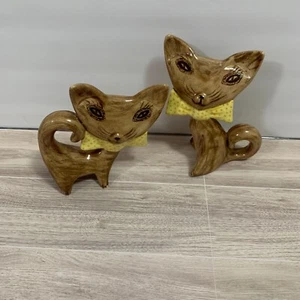 Vintage MCM Mcfarlin? Handpainted Flat Face Atomic Cats Yellow Bows Decor RARE - Picture 1 of 14