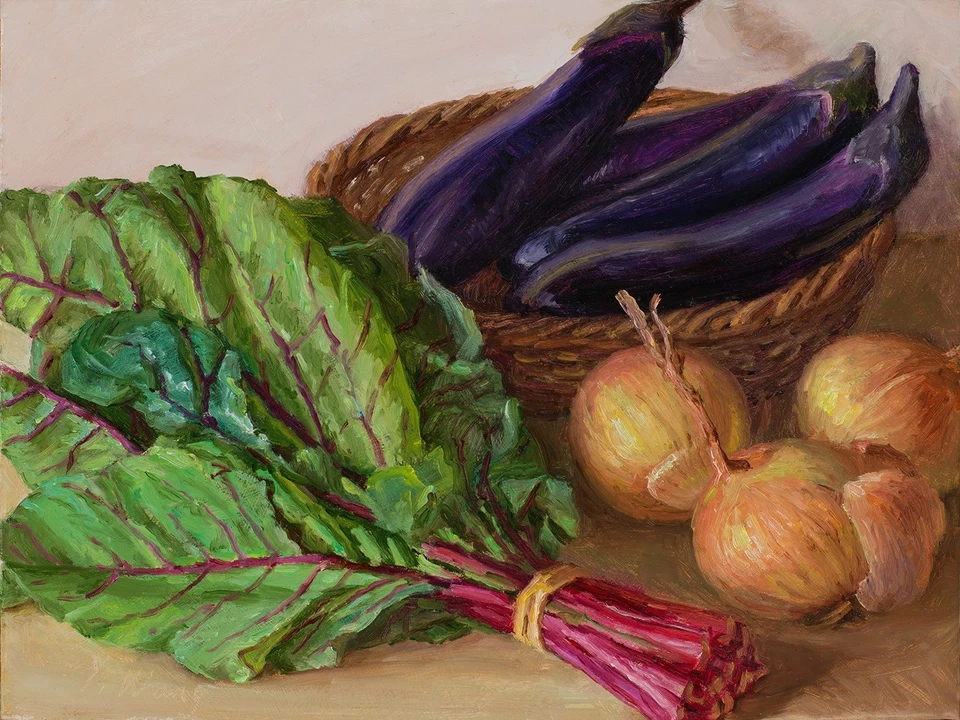 Pintura al óleo original bodegón cebolla berenjena remolacha hojas 12x9 Y Wang Bellas Artes Foto 1 de 1
