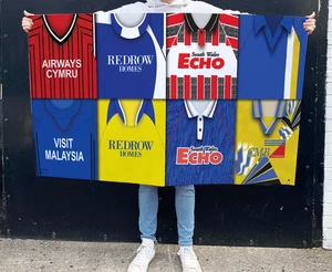 Cardiff City Retro Shirt Montage Football Flag 5ftx3ft Man Cave Great Gift - Picture 1 of 1