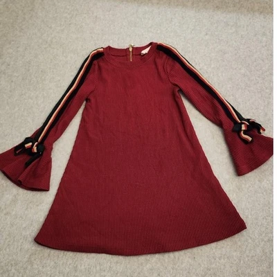 Hannah Banana Dress Girls 5 Burgundy Ribbed Knit Bell Sleeve A-Line Stripe Bow - Image 1 of 4