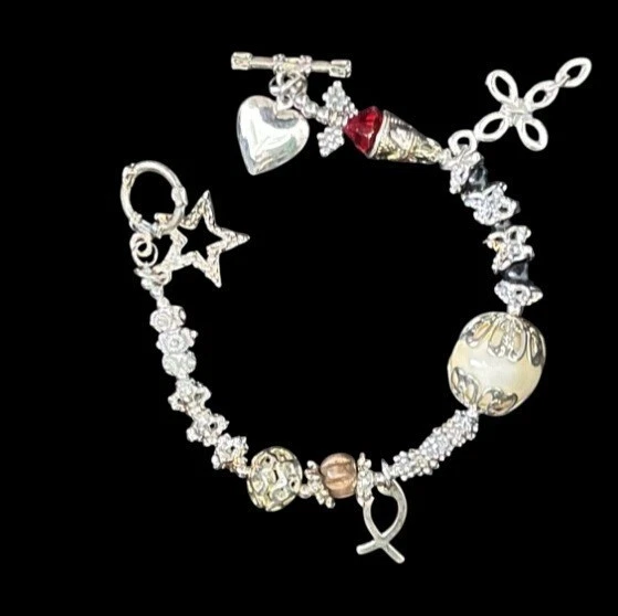 Silver Tone Bracelet Cross Locket Star Charm Rhinestone Toggle Religious Faith - Image 1 of 4