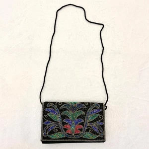 Vintage 1960s Beaded Clutch with Attached Shoulder Strap 8" x 5" Black - Picture 1 of 9