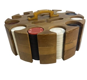 Vtg Revolving Wood Poker Chip Rack Bakelite Handle 12 slots Chips 2 Card Slots - Picture 1 of 8
