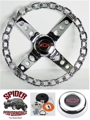 1974-1979 Chevy грузовик Blazer пригород рулевое колесо красный галстук-бабочка 11» хромированная цепь - Изображение 1 из 4