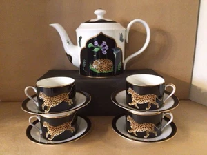 LYNN CHASE * JAGUAR JUNGLE * TEEKANNE - 4 TASSEN & UNTERTASSEN 24K GOLDRAND - Bild 1 von 19