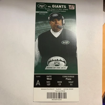 16 августа 2010 ПОЛНЫЙ билет на первую игру в истории MetLife Stadium NY Jets PSA как новый 9 - Изображение 1 из 4