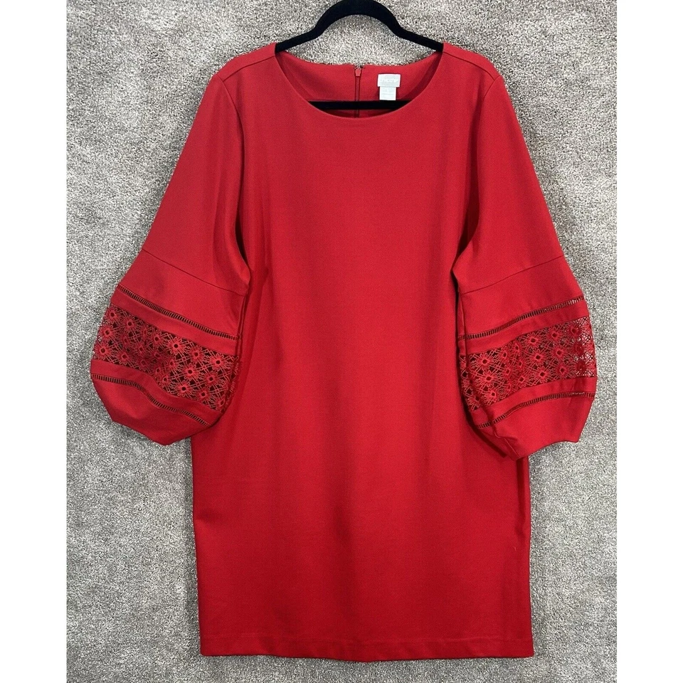 Vestido Chicos 4=20 comprimento do joelho vermelho crochê ilhós manga balão costas zíper festa - Imagem 1 de 4