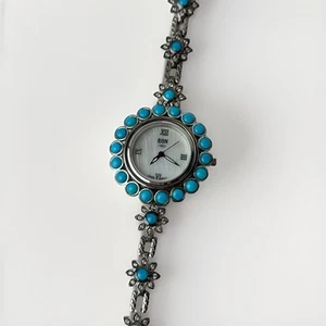 Eon 1962 Arizona Sleeping Beauty Turquoise White Zirconia Swiss Watch Size 7.25 - Picture 1 of 11