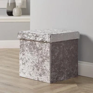 Folding Ottoman Silver Ice Velvet Fabric Chest Sturdy Storage Space Saving Box - Picture 1 of 4