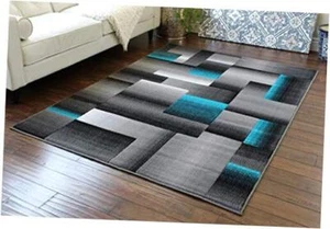 , Modern Contemporary Area Rug Grey Black () 5 Feet X 7 Feet Turquoise - Picture 1 of 8