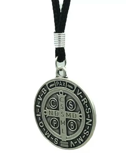 Medalla De San Benito Saint St Benedict Medallion Medal Pendant Cord Necklace - Picture 1 of 11