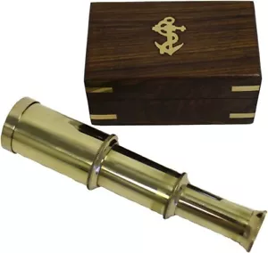 Solid Brass Handheld Telescope - Nautical Pirate Spy Glass with Wood Box Rustic - Picture 1 of 4