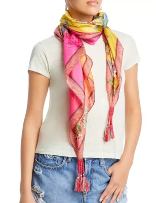 Johnny Was Emboy Cuadrado de Seda 44" W x 44" L Floral Rosa/Amarillo Bufanda/Envoltura ~NUEVO CON ETIQUETAS Foto 1 de 4