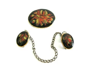 PIN AND MATCHING SWEATER CLIP GUARDS PORCELAIN BLACK FLORAL FLOWERS VINTAGE - Picture 1 of 4