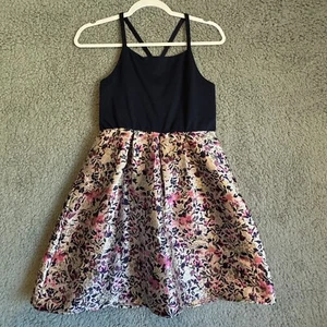 Trixxi Girl Blue Pink Gold Glitter Floral Dress Criss Cross Straps Lined Size 16 - Picture 1 of 9