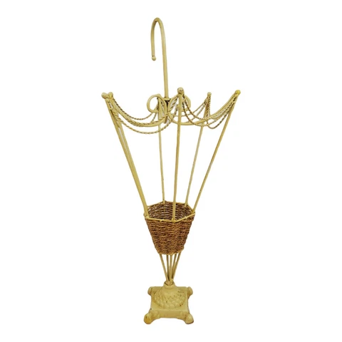 Vintage Umbrella Stand Cane Iron With Wicker Accents Victorian French Country Cover