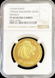 1992 GOLD 1 OZ SINGAPORE $100 ZODIAC LUNAR MONKEY PRIVY NGC PROOF 68 UC - Picture 1 of 2