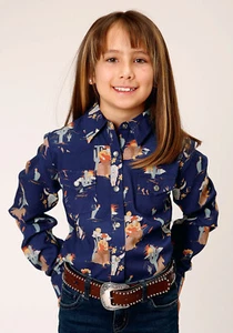 Roper Girls Cowboy Toile Blue 100% Rayon L/S Shirt - Picture 1 of 4