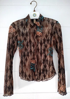 Vtg 90s Y2k Bebe Button-Up Shirt S Boho Retro Fitted Semi Sheer Fairy Brown Top - Image 1 of 4