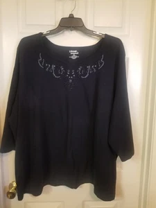 Liz Me 5X 34/36 Top Black Sequin Paisley V-neck 3/4 Sleeve 100% Cotton EUC - Picture 1 of 11