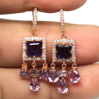 Plata de ley 925 6 x 8 mm. Pendientes de joyería de amatista púrpura, zafiro y circón Foto 1 de 4