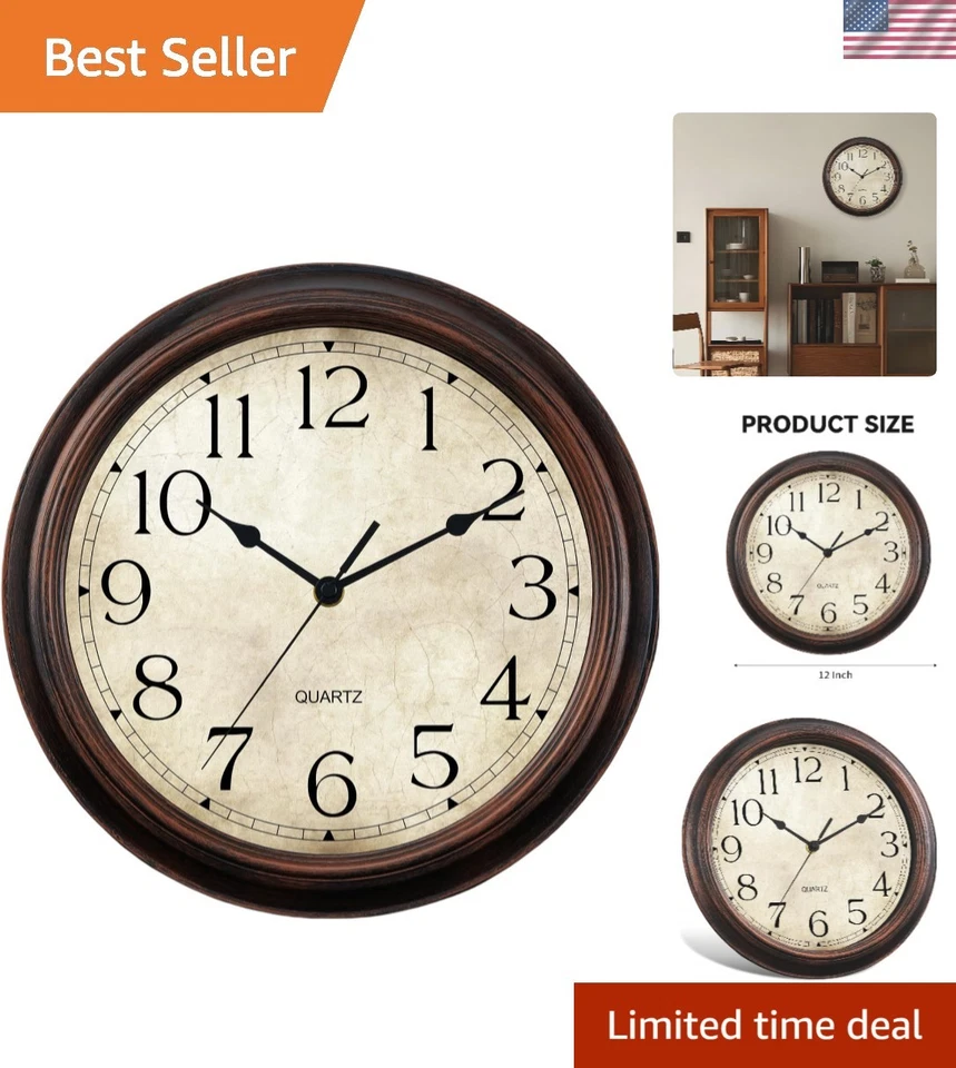 Шикарные бесшумные часы 12 дюймов - винтажный бронзовый настенный декор для внутреннего/наружного использования - Изображение 1 из 4