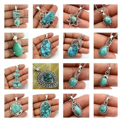 Natürlich Türkis Edelstein 925 Sterlingsilber Boho Anhänger Weihnachtsgeschenk - Bild 1 von 4