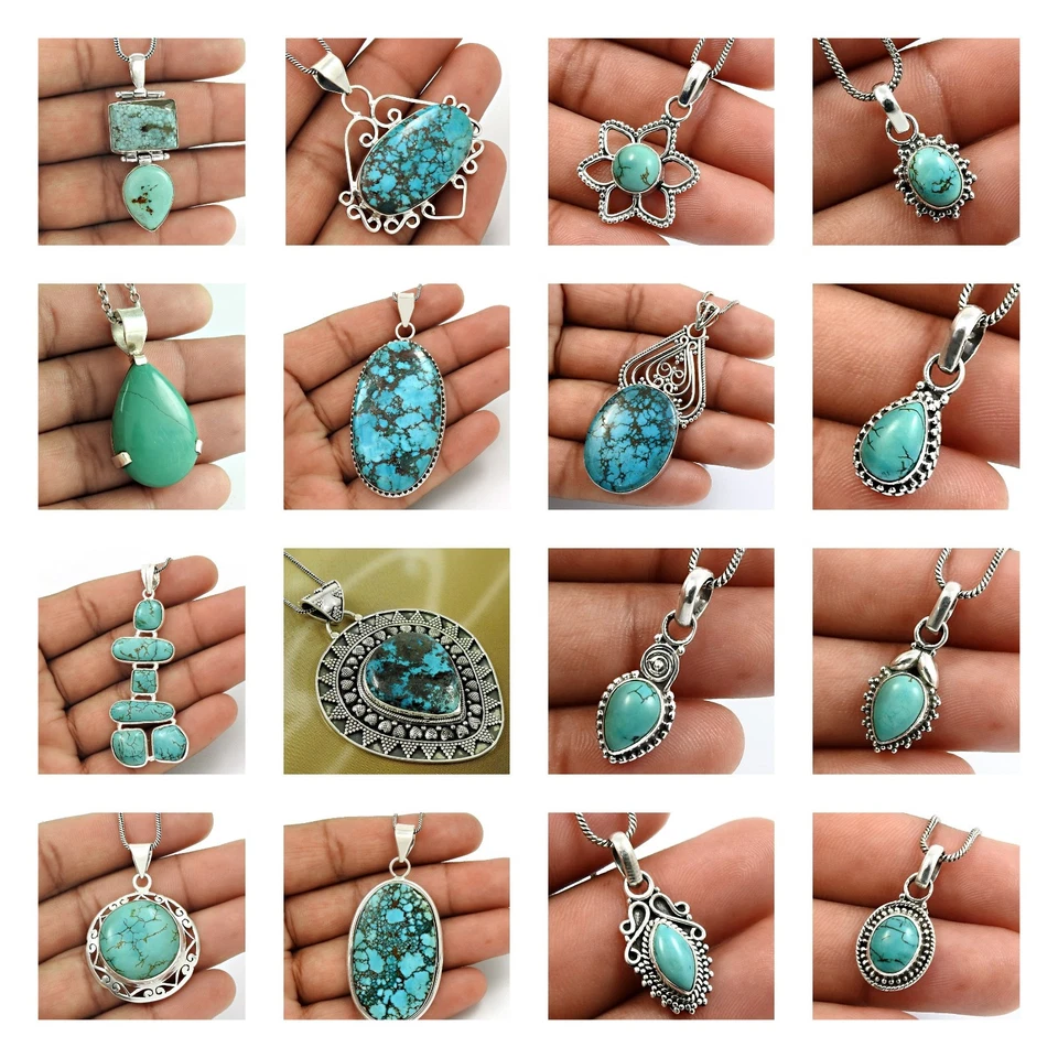 Natürlich Türkis Edelstein 925 Sterlingsilber Boho Anhänger Weihnachtsgeschenk - Bild 1 von 4
