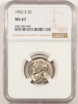 1952-S JEFFERSON NICKEL - NGC MS-67, SUPERB GEM - Image 1 of 3