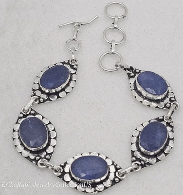 Pulsera 7,5-8,5 pulgadas plata de ley ovalada cuarzo azul zafiro artesanal Foto 1 de 3