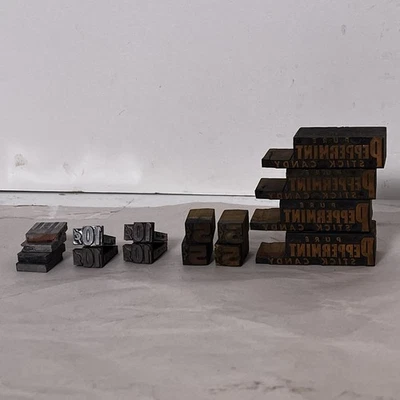 Vintage Letter Press Metal And Wood Block Peppermint Candy Set Pulled From Lot - Image 1 of 4
