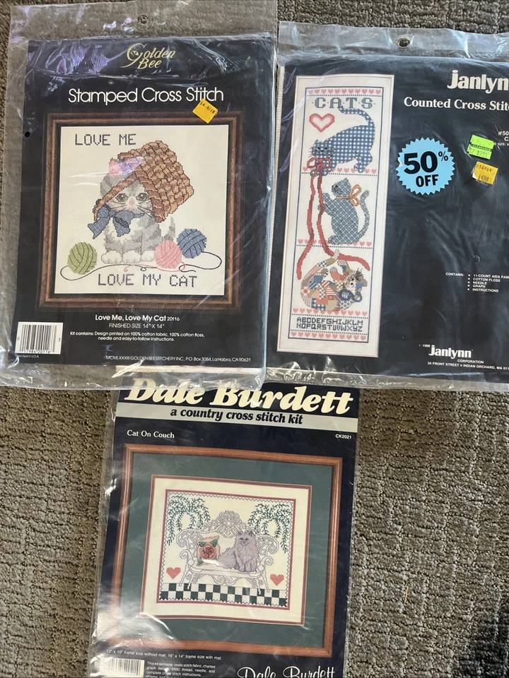 Counted Cross Stitch Kits Cats Kitten Love Janlynn Golden Bee Lot Of 3 Vtg - Image 1 of 4