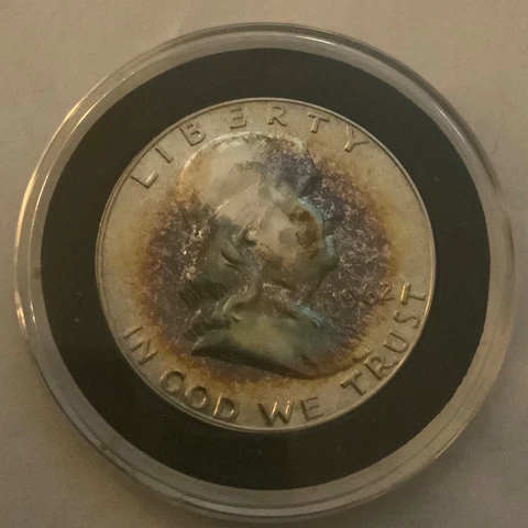 1962 FRANKLIN HALF SILVER DOLLAR BU PR GOLD/BLUE/PURPLE TONED Cover