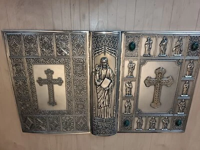 Jaquette couverture de livre, de bible en métal argenté avec les 12 apôtres (13) - Photo 1/4