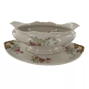 Theo Haviland Limoges Gold Roses Gravy Boat Underplate Discontinued Antique a - Picture 1 of 13